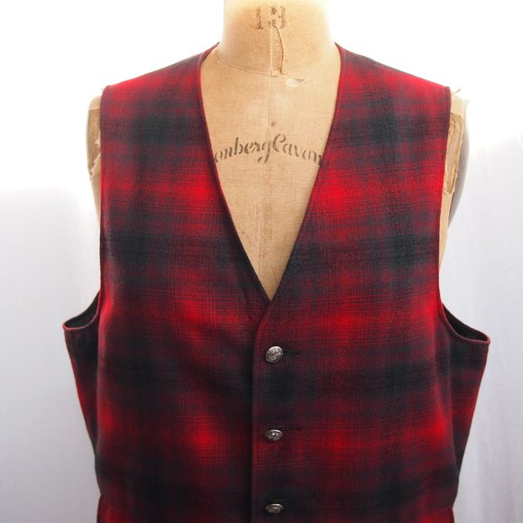 vtg 60s PENDLETON Wool Red Tartan Plaid Vest Waistcoat Cruiser Silver Buttons M - Picture 6 of 9